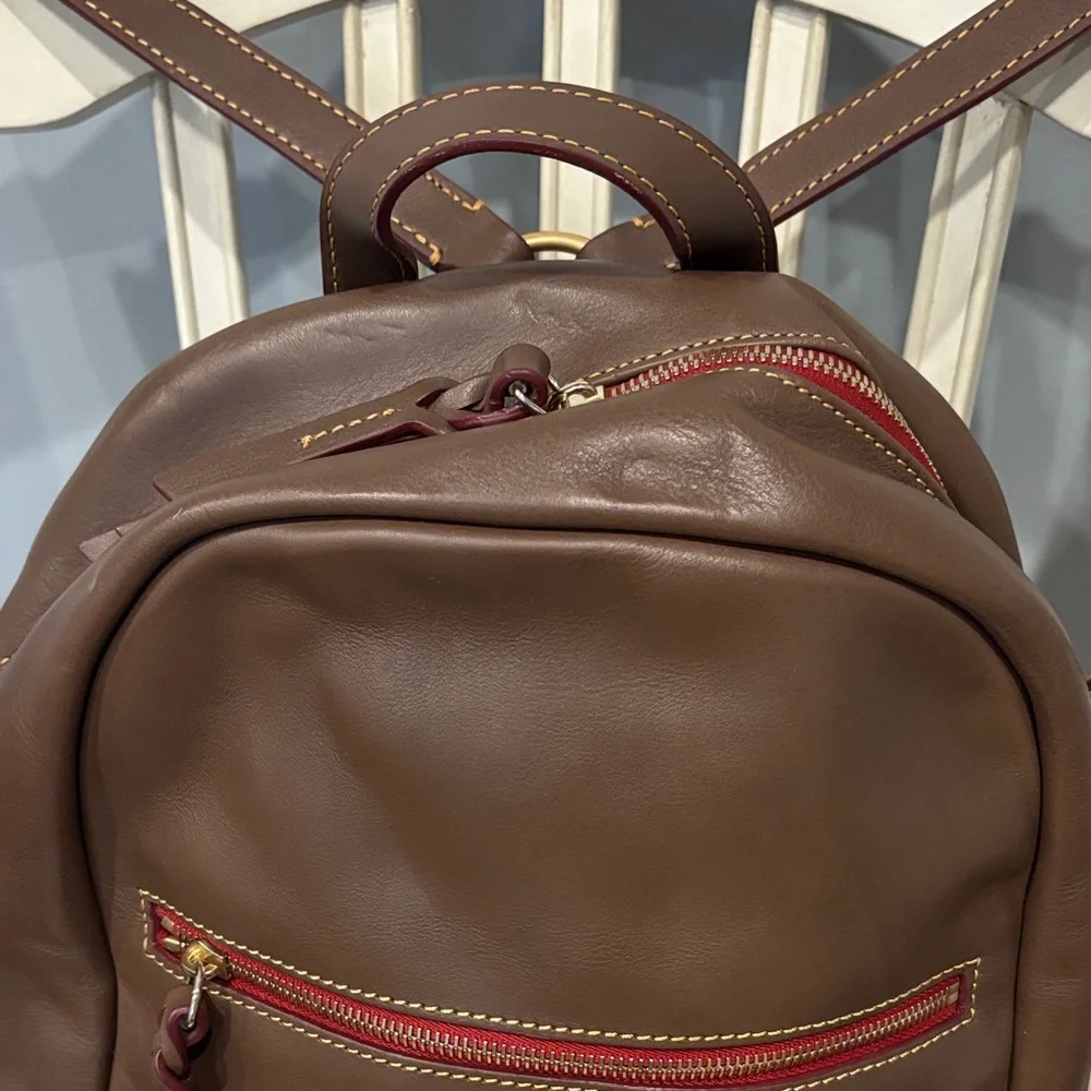 Dooney & Bourke Leather Backpack in Brown with Red Trim - Picture 3 of 10